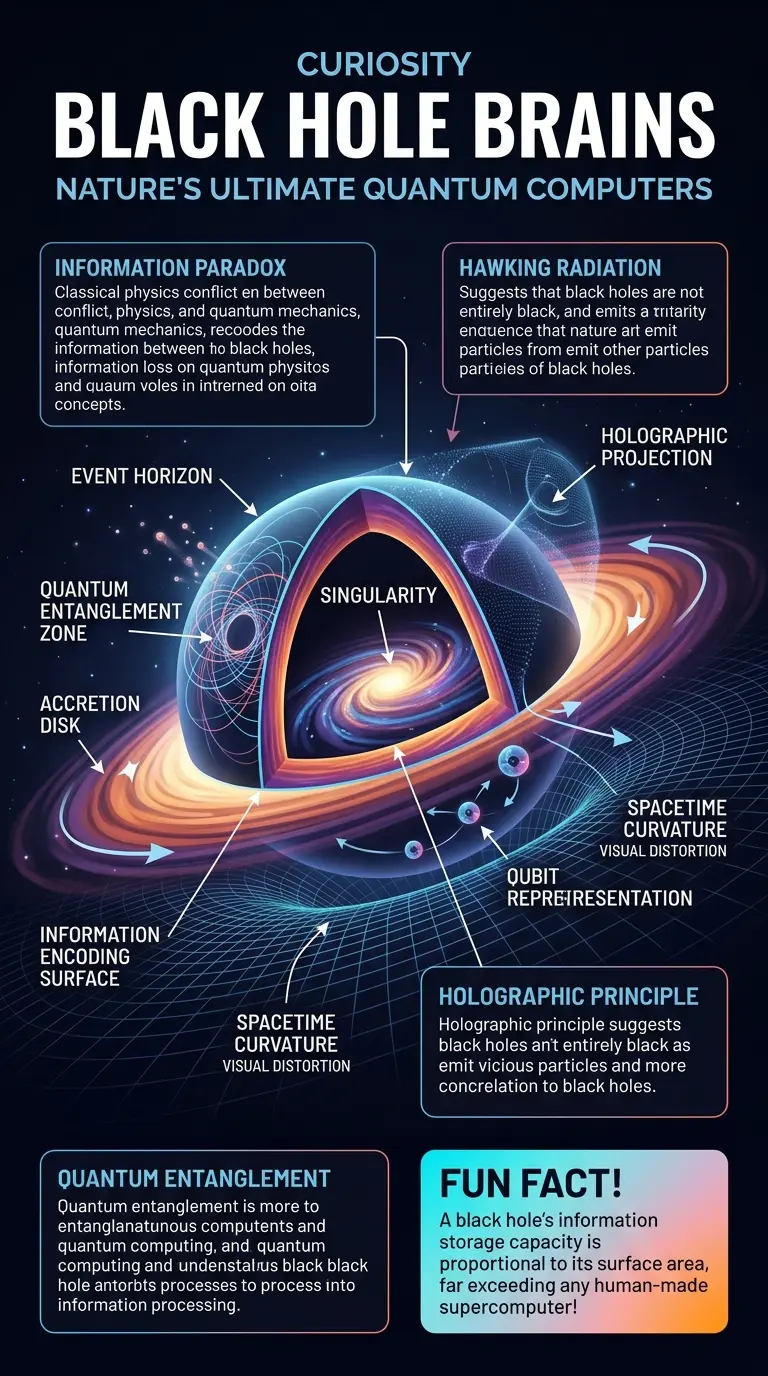 Infographic explaining the theory that black holes function as nature's most powerful quantum computers, showcasing their information processing capabilities and relationship to quantum mechanics and the holographic principle.