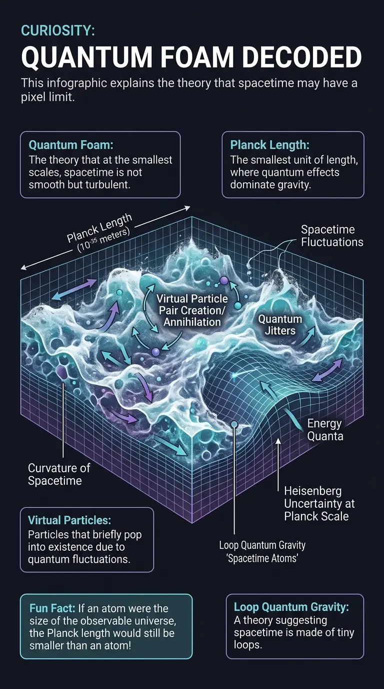 Detailed infographic explaining the concept of quantum foam and the possibility of a pixel limit to reality, highlighting key components, theories, and experimental evidence.