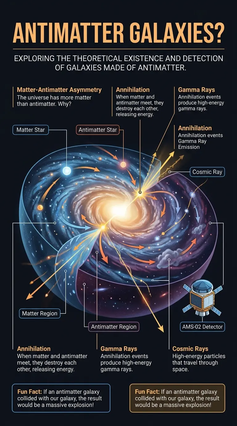 Infographic explaining the possibility of antimatter galaxies, their detection challenges, and theoretical frameworks.