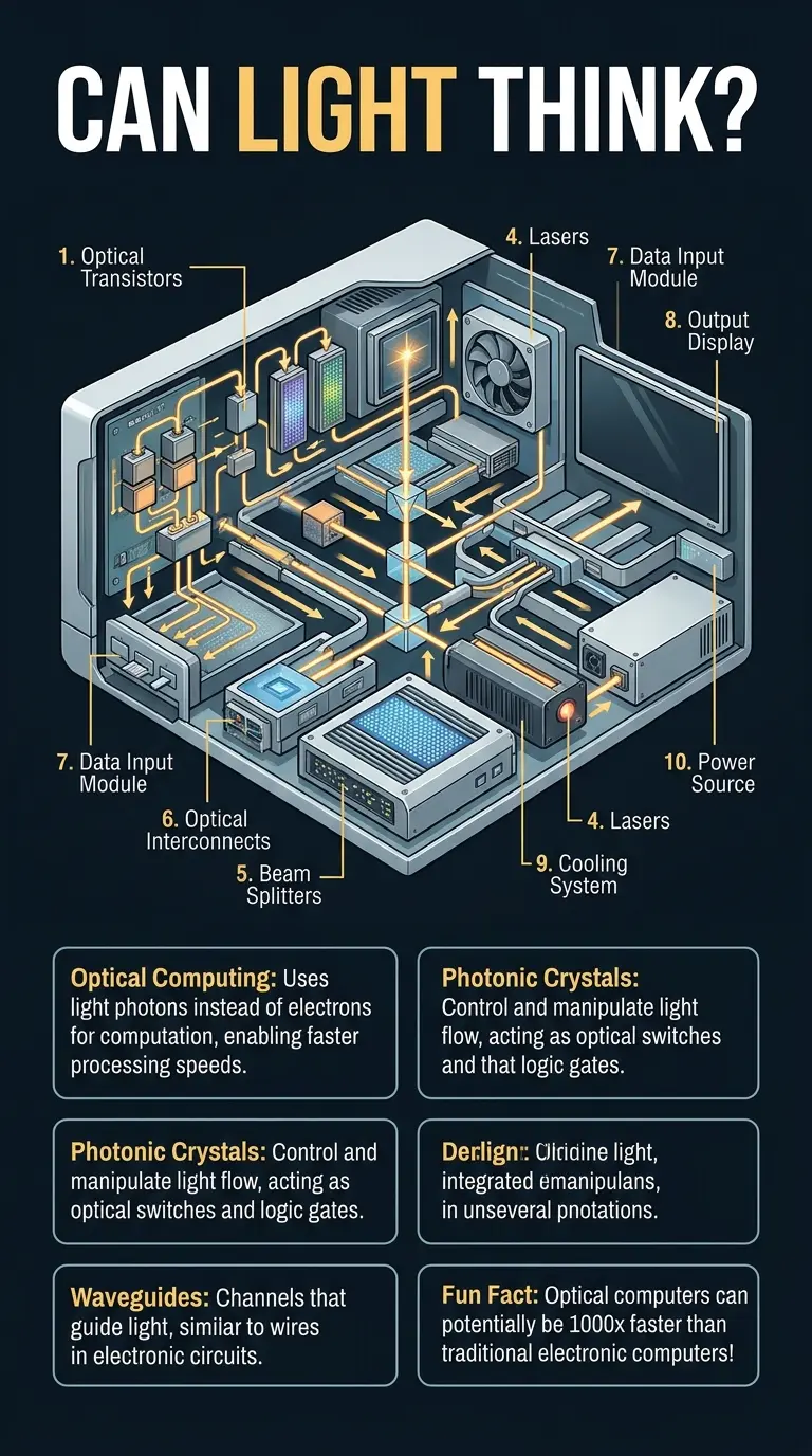 Infographic explaining the concept of optical computing, showing the internal components of an optical computer and how light can be used for computation.