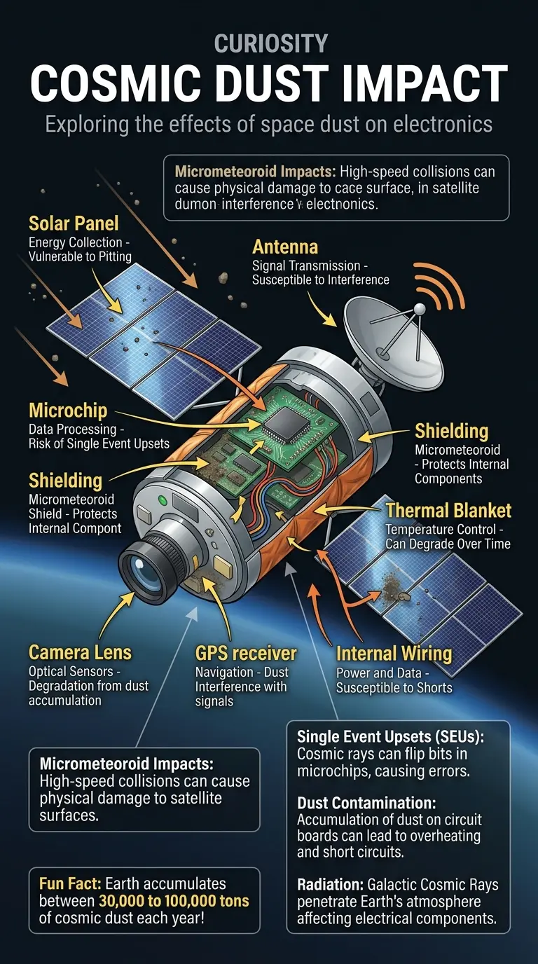 Infographic explaining how cosmic dust can interfere with modern electronics, including effects on satellites and terrestrial devices.