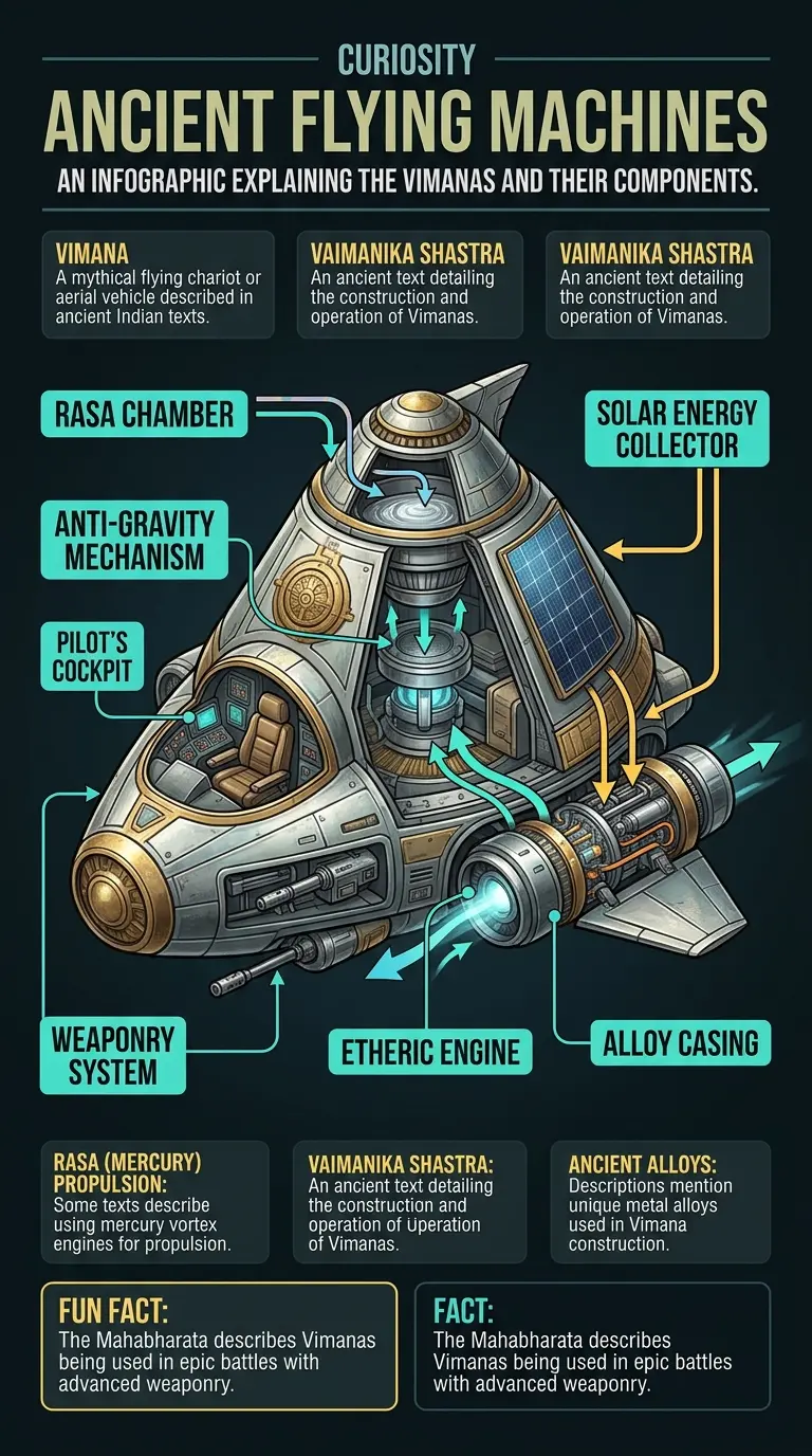 Detailed infographic explaining the Vimanas, ancient Indian flying machines, their components, and historical context.