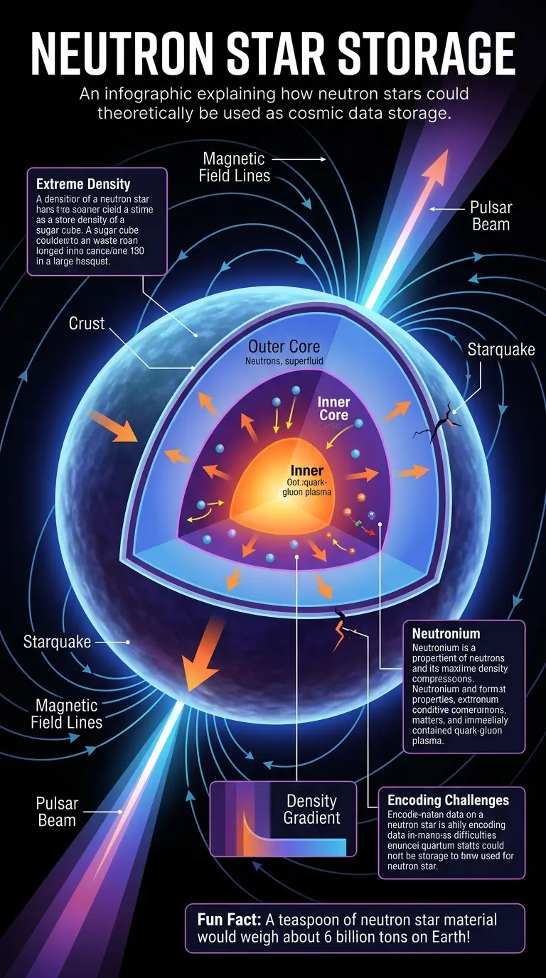 Infographic explaining how neutron stars could theoretically be used as cosmic data storage devices, showcasing their extreme density and potential for encoding information.