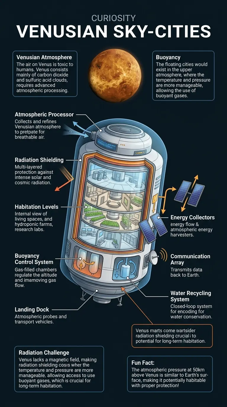 Infographic showing the concept of cities floating in the clouds of Venus, showcasing the technology and potential habitats within the Venusian atmosphere.