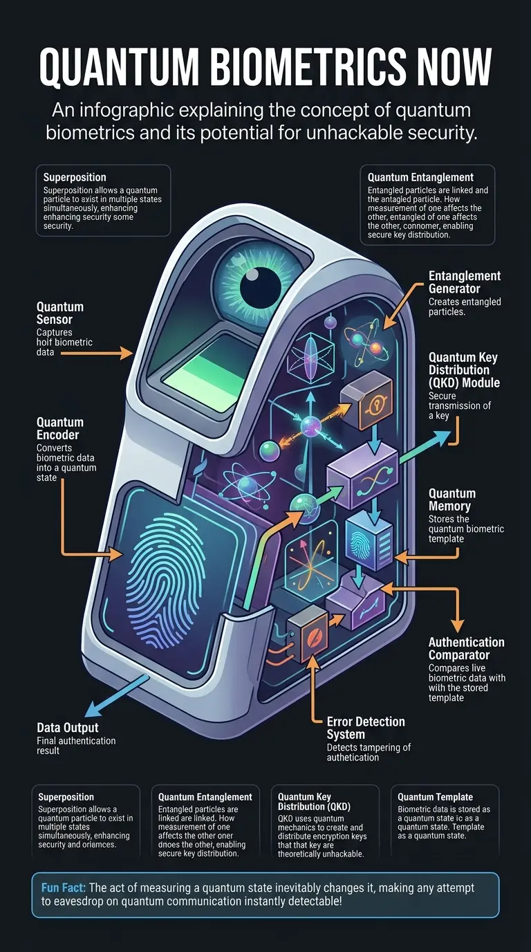 Infographic explaining quantum biometrics and how it can provide unhackable security by leveraging quantum mechanics principles like superposition and entanglement.