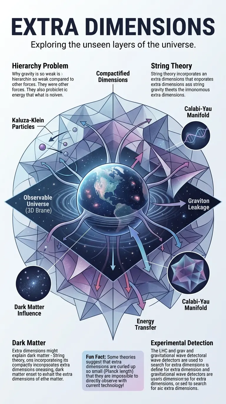 Infographic explaining the concept of hidden dimensions in physics, including string theory, the hierarchy problem, dark matter, and experimental probes like the LHC.