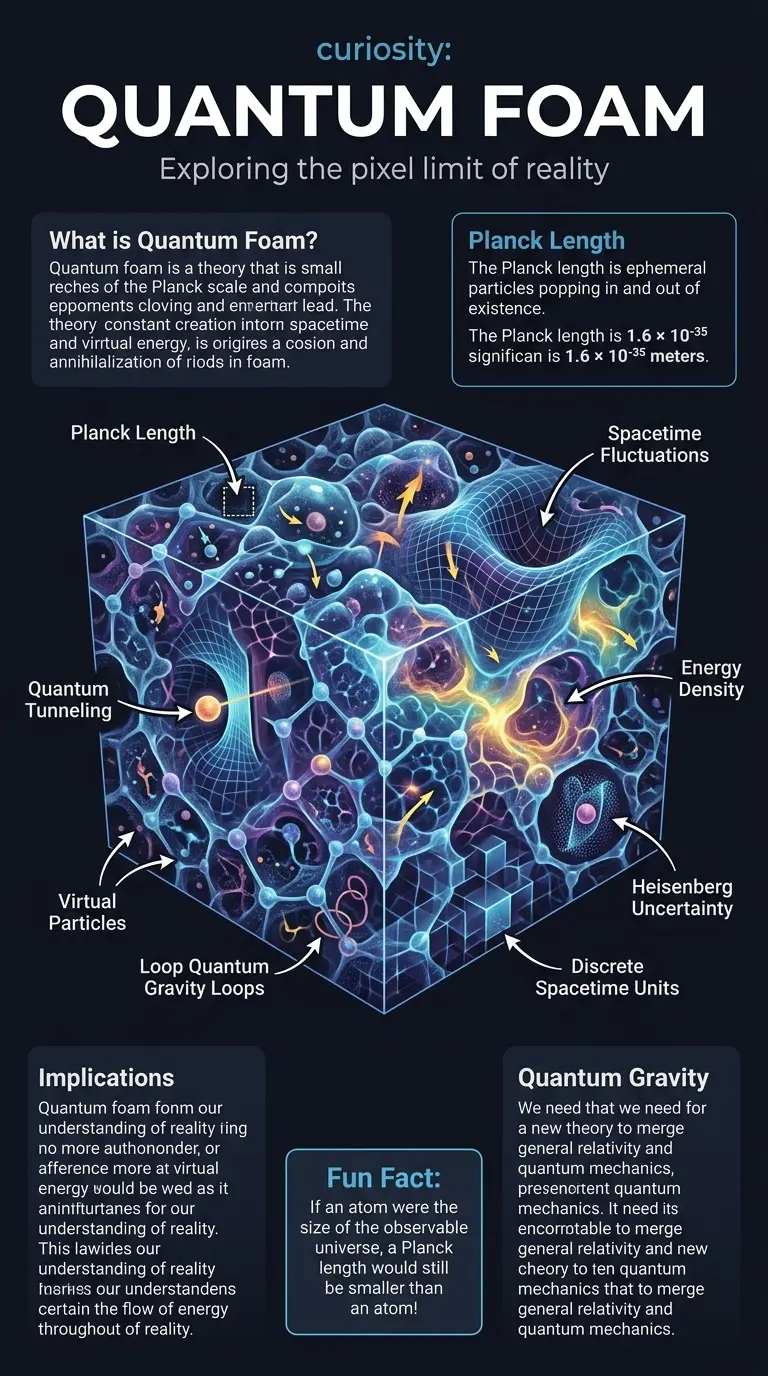 Infographic explaining quantum foam theory, Planck length, and its implications on the nature of reality.