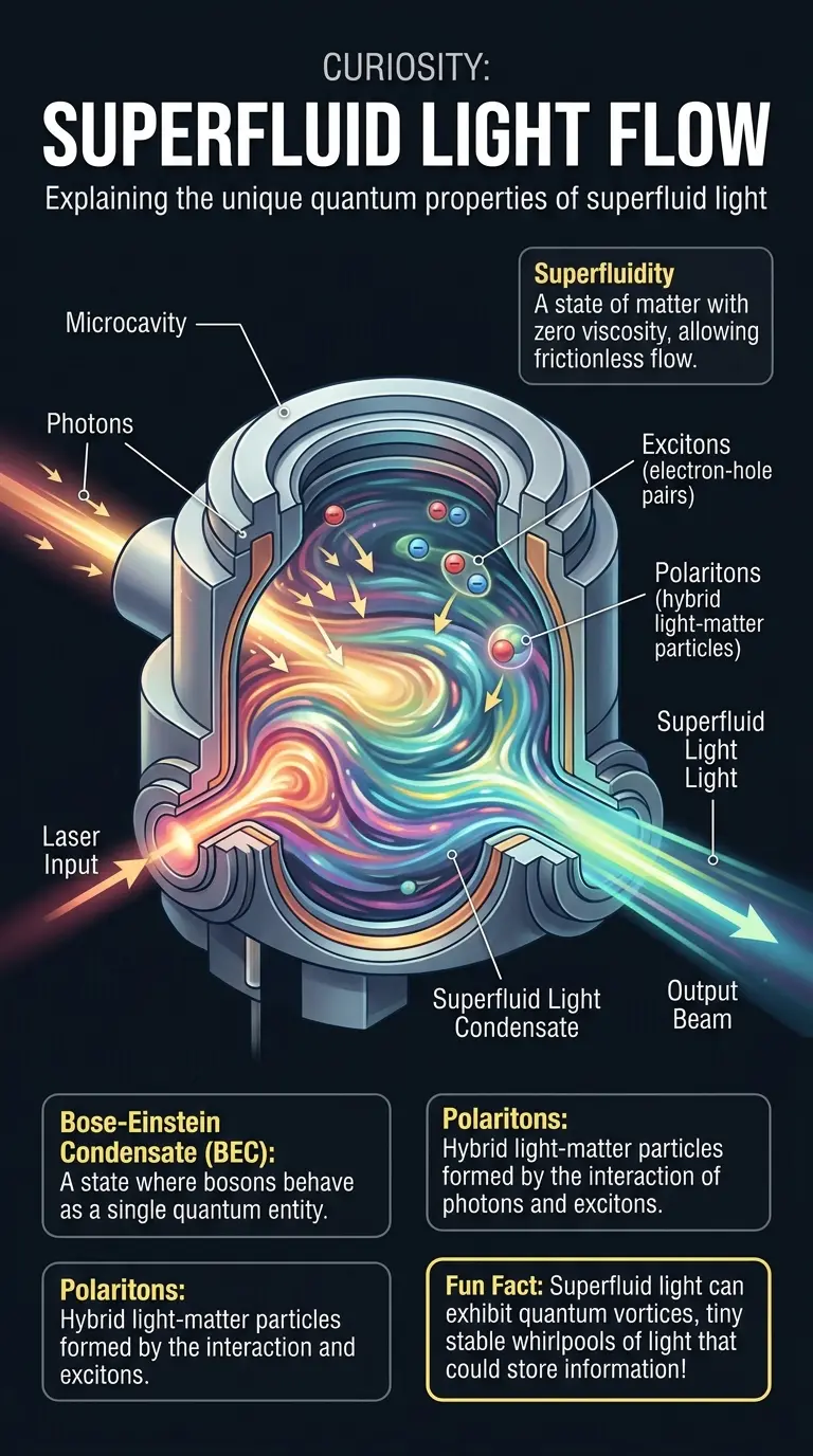 Educational infographic explaining superfluid light, its properties, and potential applications in computing, material science, and physics research.