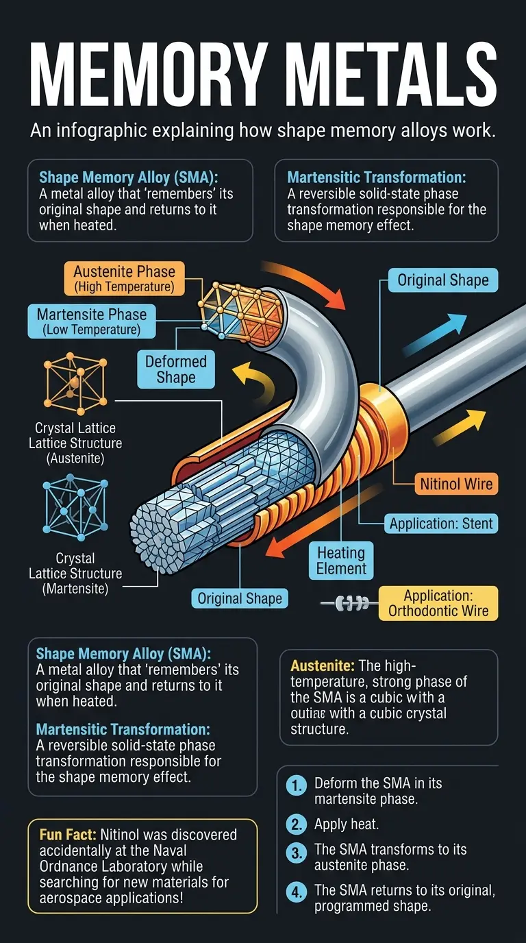 Infographic explaining how shape memory alloys work, their applications in medicine, aerospace, and robotics, and the science behind their unique properties. #MemoryMetals #ShapeMemoryAlloys #MaterialsScience