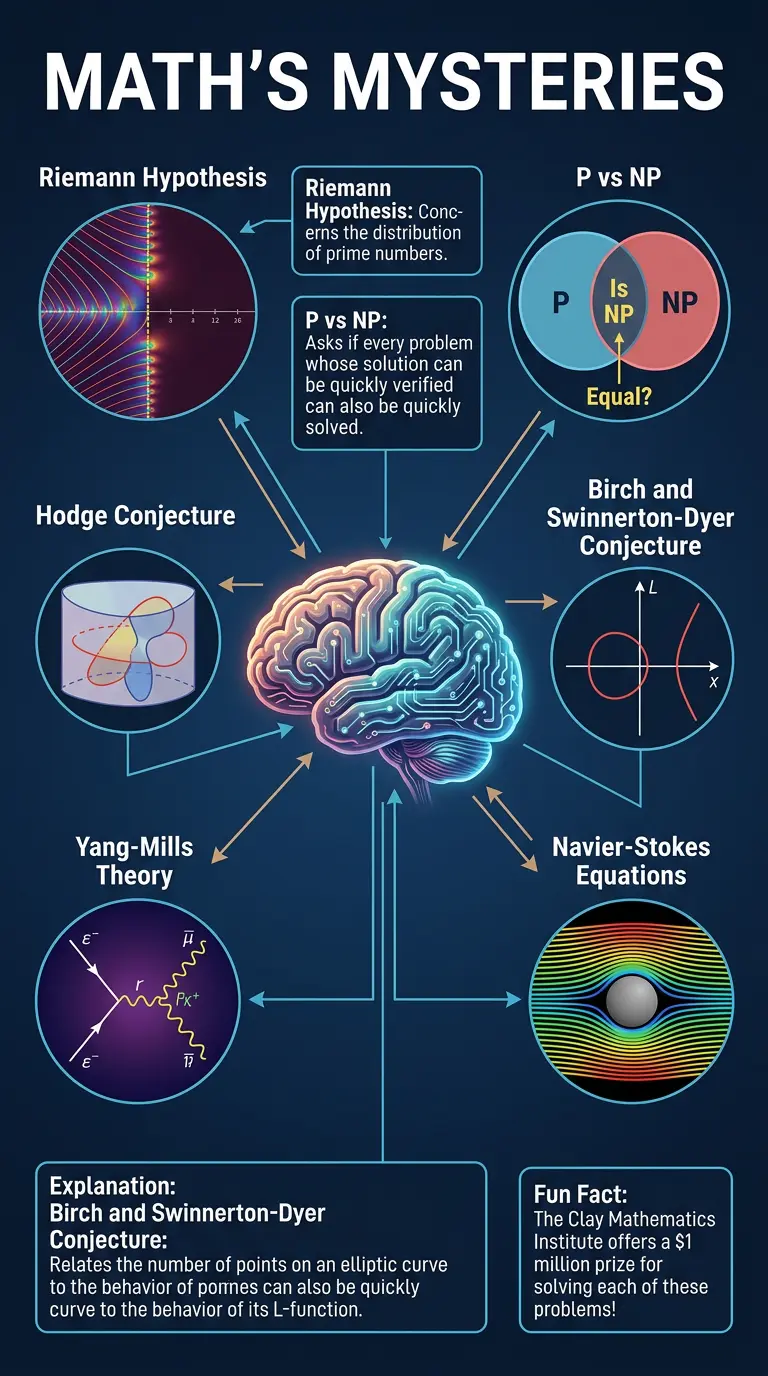 Infographic explaining unsolved mathematical puzzles with million-dollar prizes, including the Riemann Hypothesis, P versus NP, and the Birch and Swinnerton-Dyer conjecture.