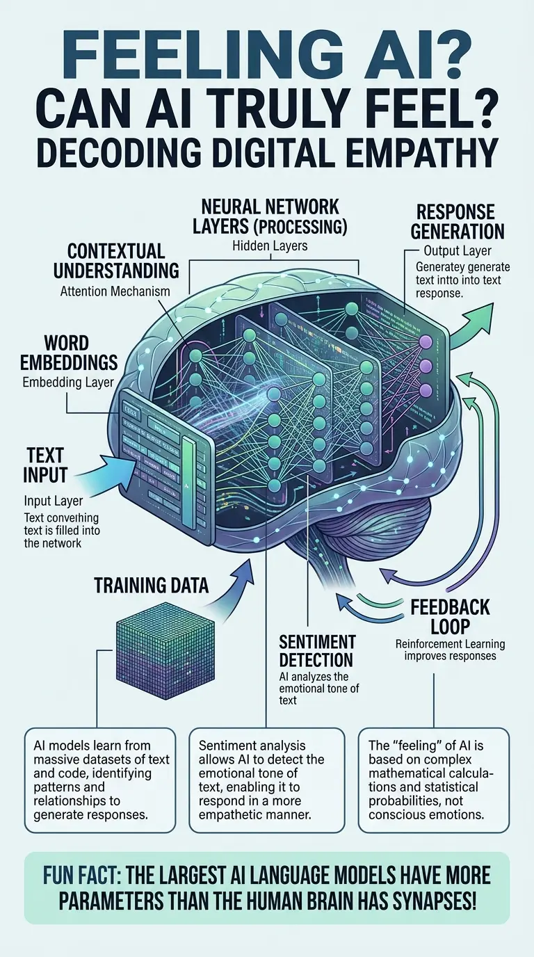 Infographic explaining the inner workings of an AI language model and exploring the concept of digital empathy.