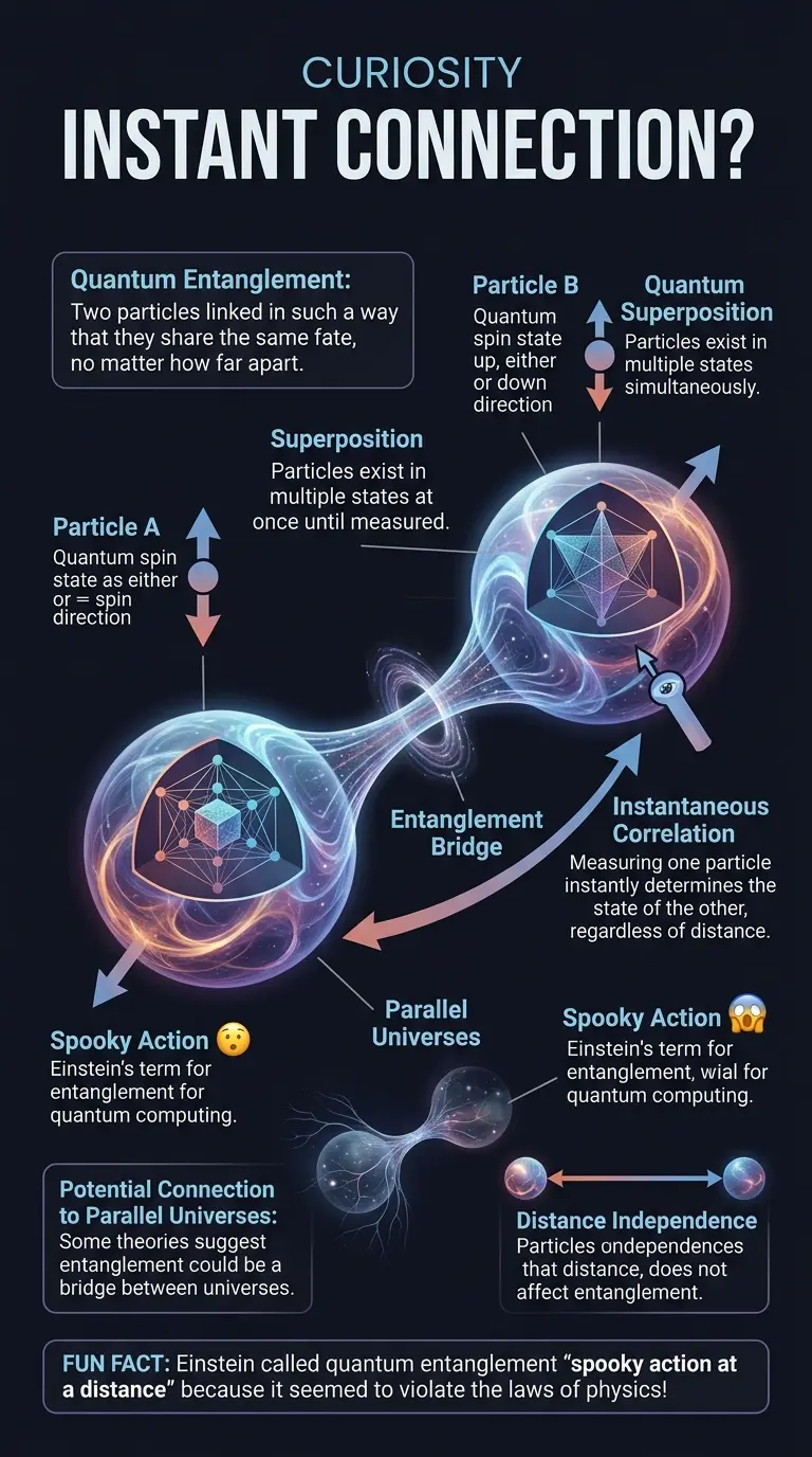Detailed infographic explaining quantum entanglement, its properties, and potential connections to parallel universes.