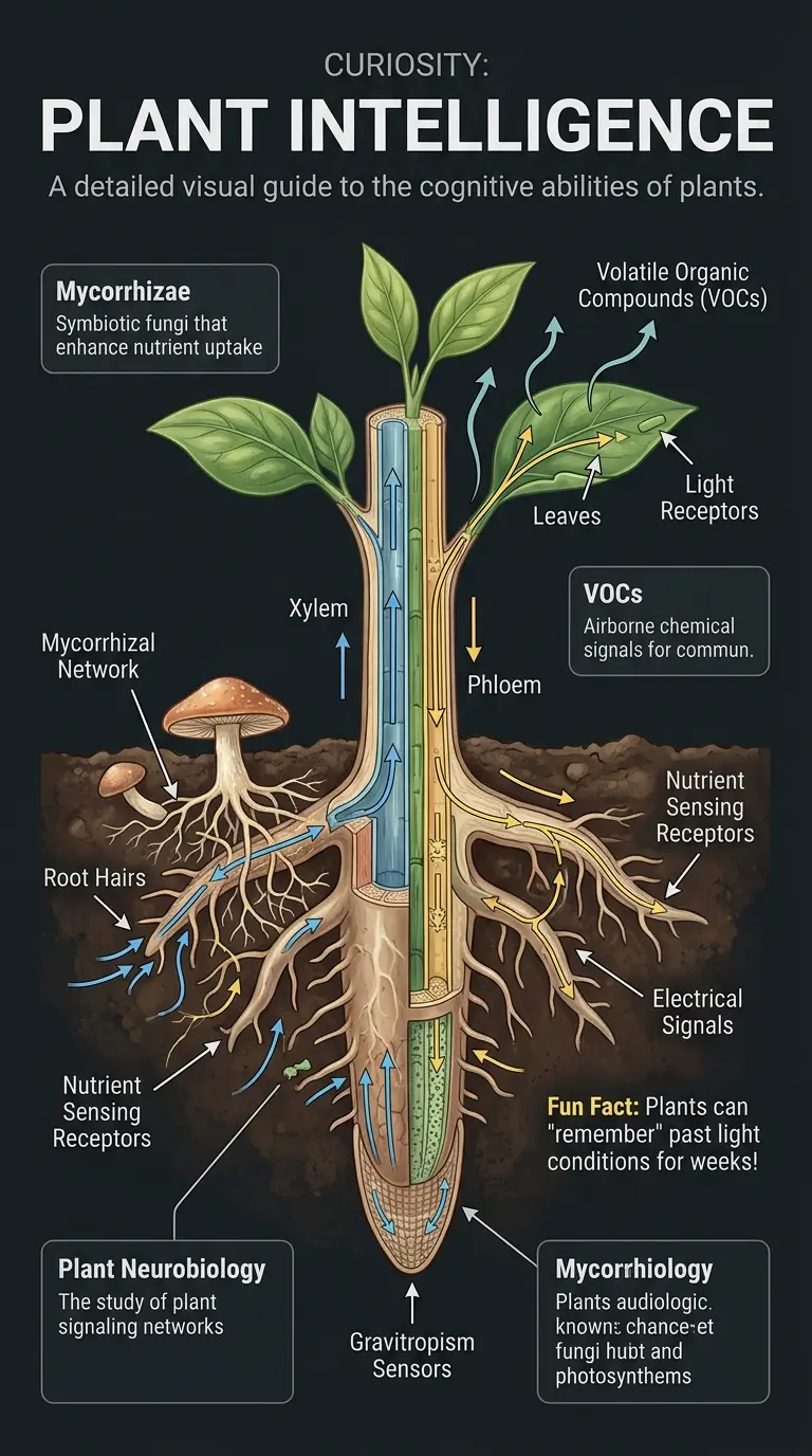 Detailed infographic explaining plant intelligence, sensory capabilities, learning, communication, and implications for technology. #PlantIntelligence #PlantScience #BioInspiration