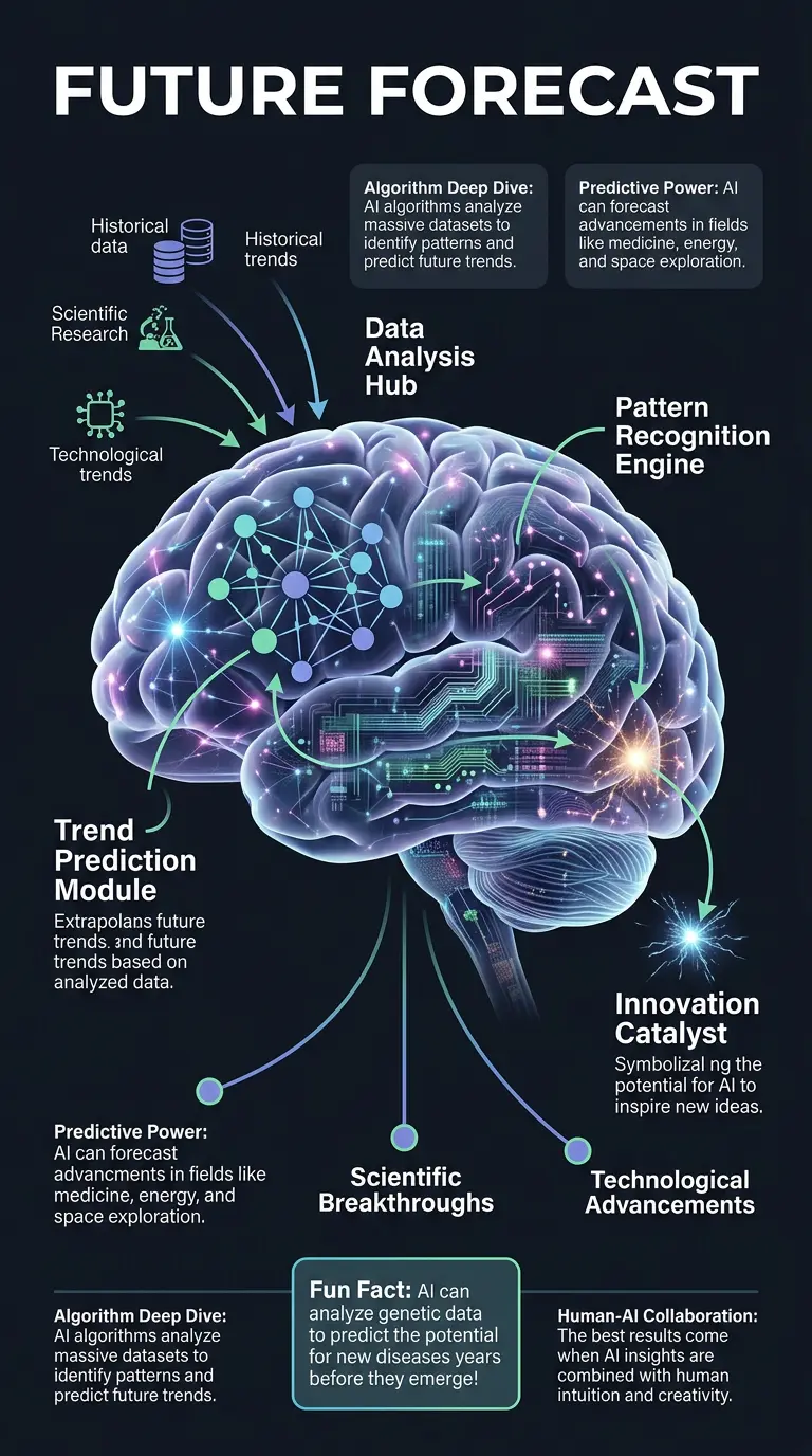 Infographic explaining how AI could potentially predict humanity's next major technological and scientific advancements.