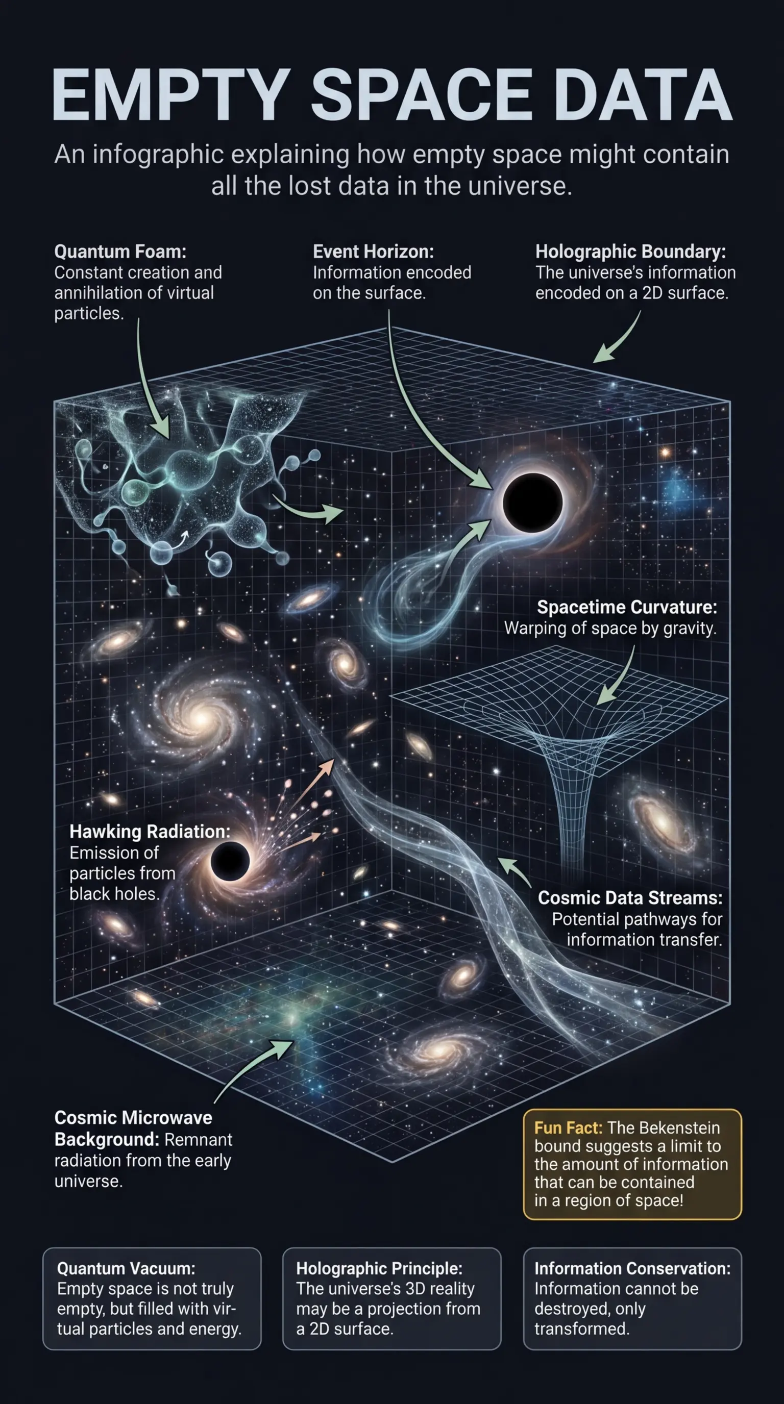 Infographic explaining the concept of empty space holding the universe's lost data, detailing quantum foam, black hole information paradox, and the holographic principle.