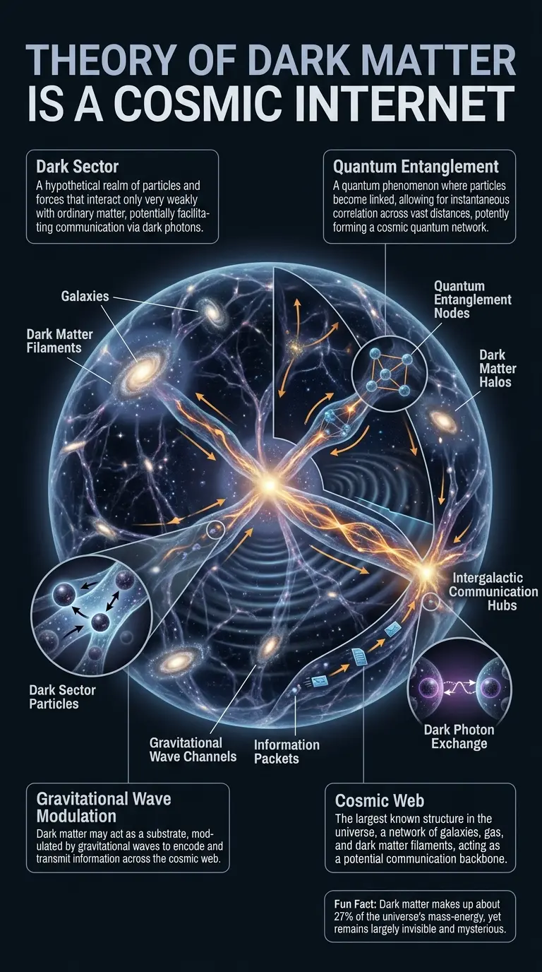 Infographic explaining the theory of dark matter as a cosmic internet, detailing its components, communication methods, and implications for the universe.