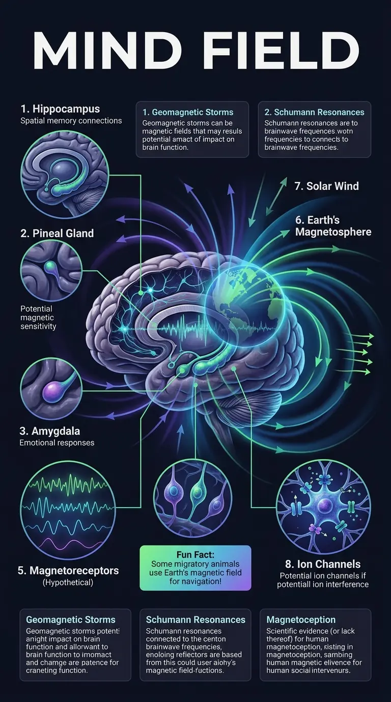 Infographic explaining the potential influence of Earth's magnetic field on the human brain, showcasing brainwave patterns, magnetosphere illustration, and scientific components.