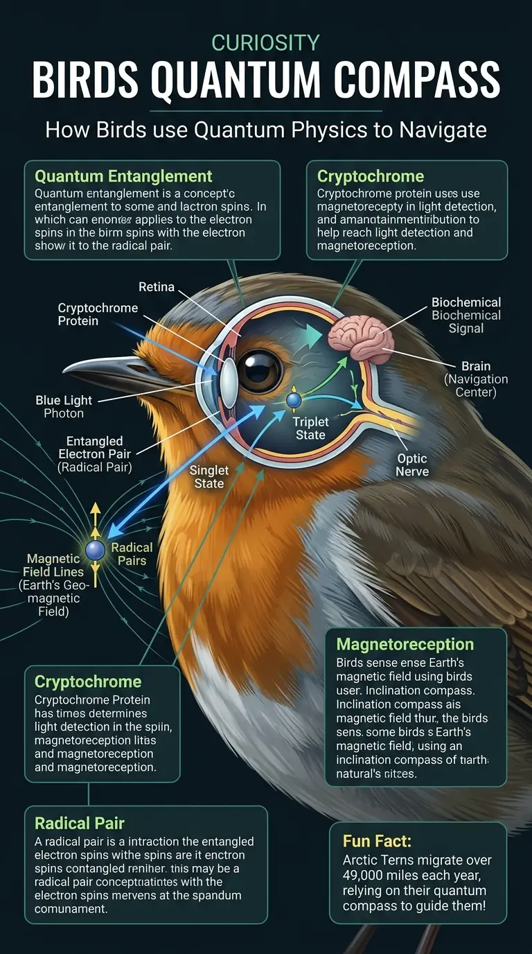 Infographic explaining how birds use quantum physics to navigate using cryptochrome proteins and entangled electron spins. #quantumbiology #birdnavigation #migration
