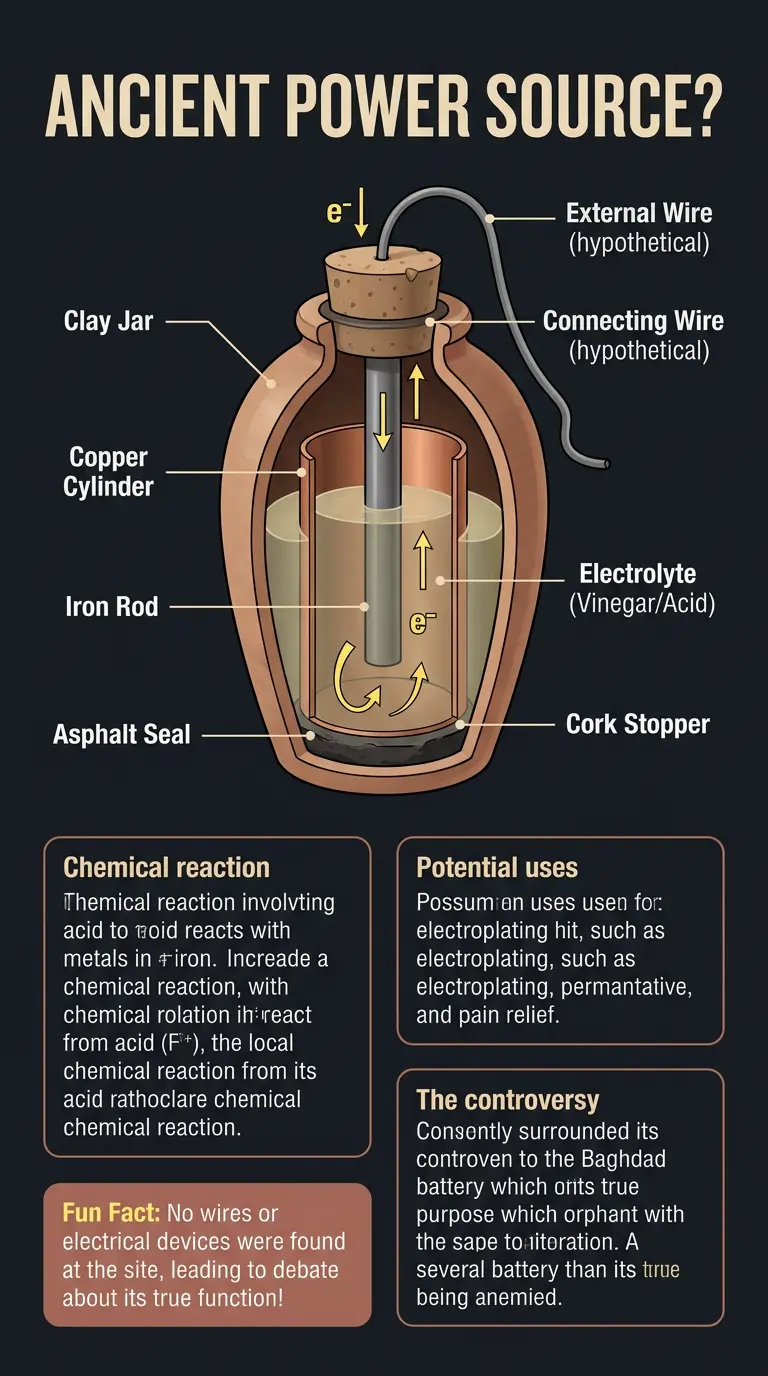 Infographic showing a cutaway view of the Baghdad Battery, detailing its components and potential use as an ancient battery.