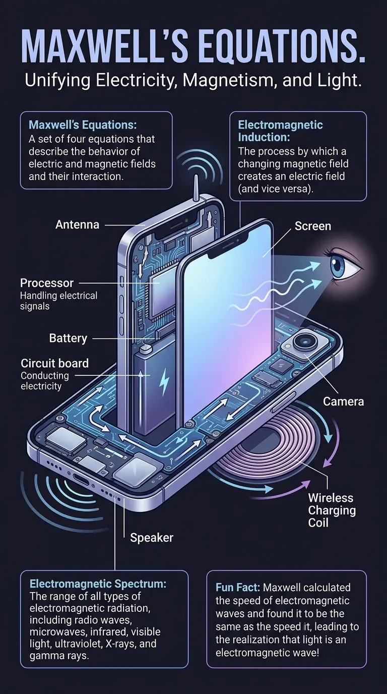Infographic explaining James Clerk Maxwell's electromagnetic theory, including Maxwell's equations, their significance, and applications in modern technology. #JamesClerkMaxwell #Electromagnetism #Physics #Science #Infographic