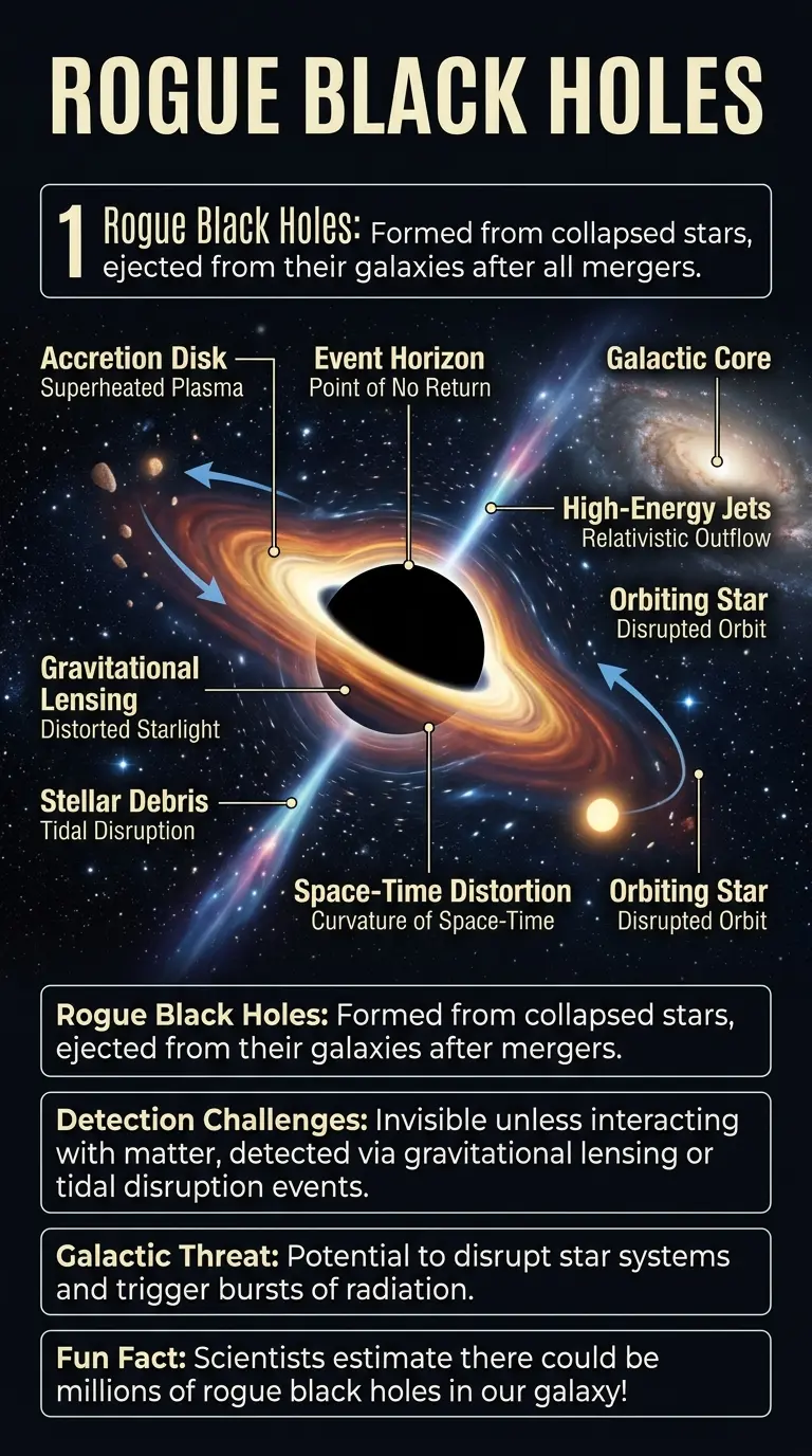 Infographic detailing the potential threat of rogue black holes to our galaxy, explaining their formation, movement, and potential impact on celestial bodies.