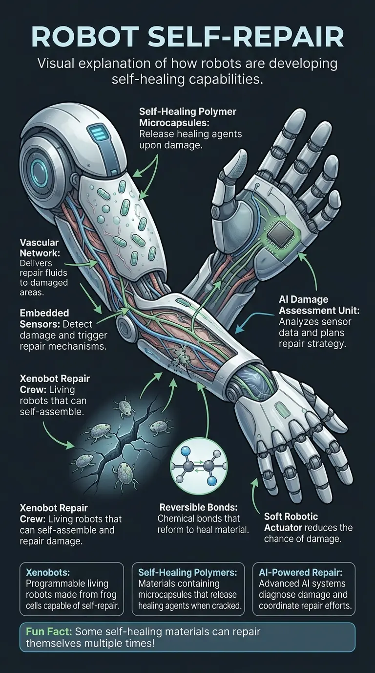 Infographic explaining how living robots self-repair using biological and engineered methods.
