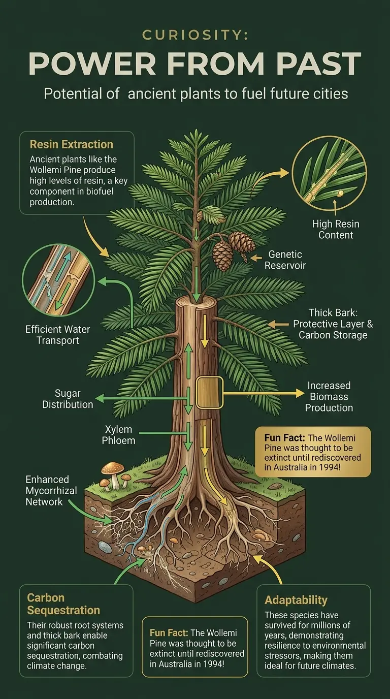 Infographic explaining how ancient plant species could be used to fuel future cities, showing internal structures and processes.