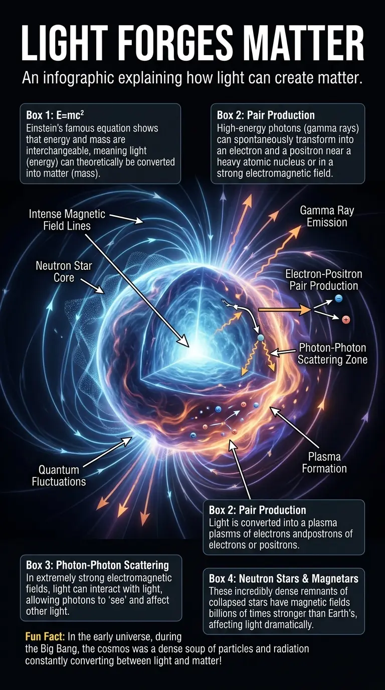 Infographic explaining how light can forge matter in deep space, covering pair production, photon-photon scattering, and astrophysical forges.