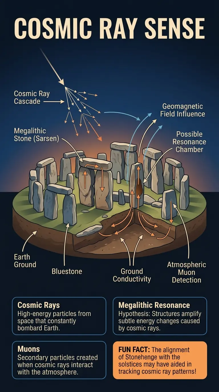 Infographic explaining how ancient megalithic structures may have been used to detect cosmic rays.