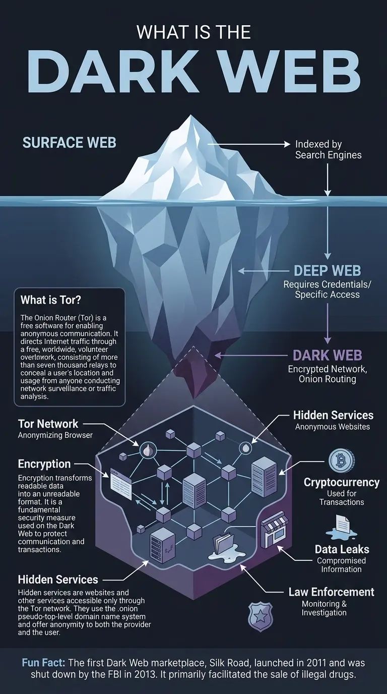 Infographic explaining the hidden depths of the Dark Web, its structure, usage, and security implications.