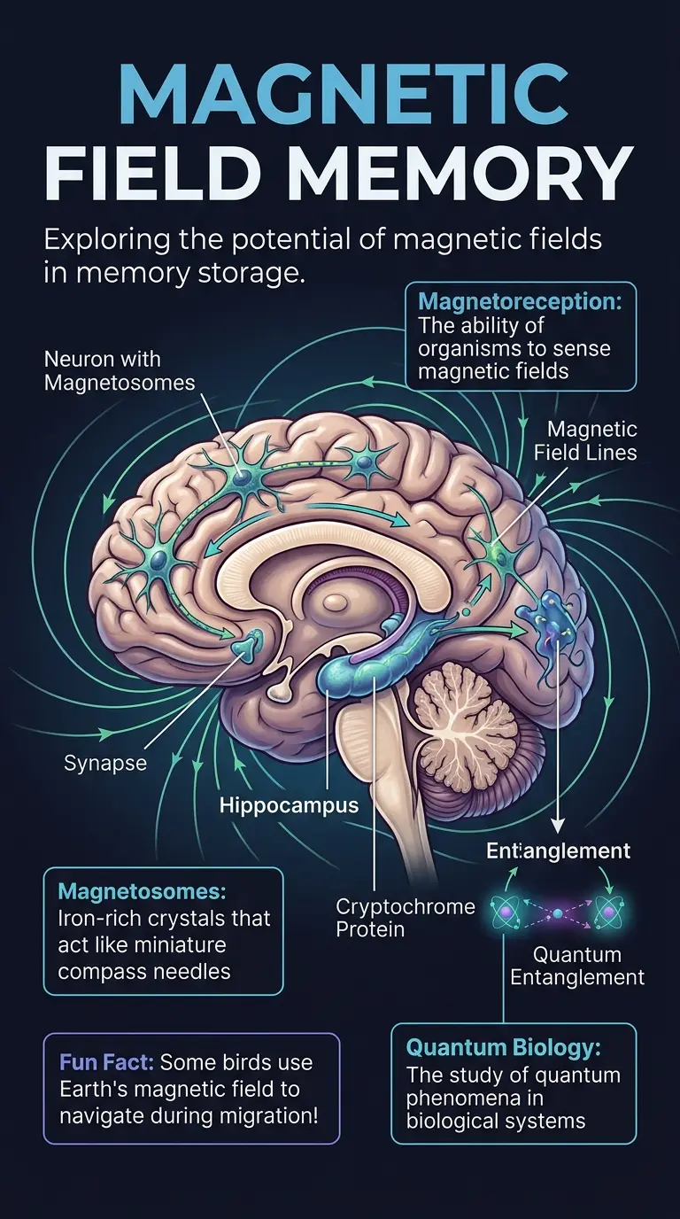 Infographic explaining the potential role of magnetic fields in storing biological memory in the brain, including magnetoreception, magnetosomes, and quantum biology.