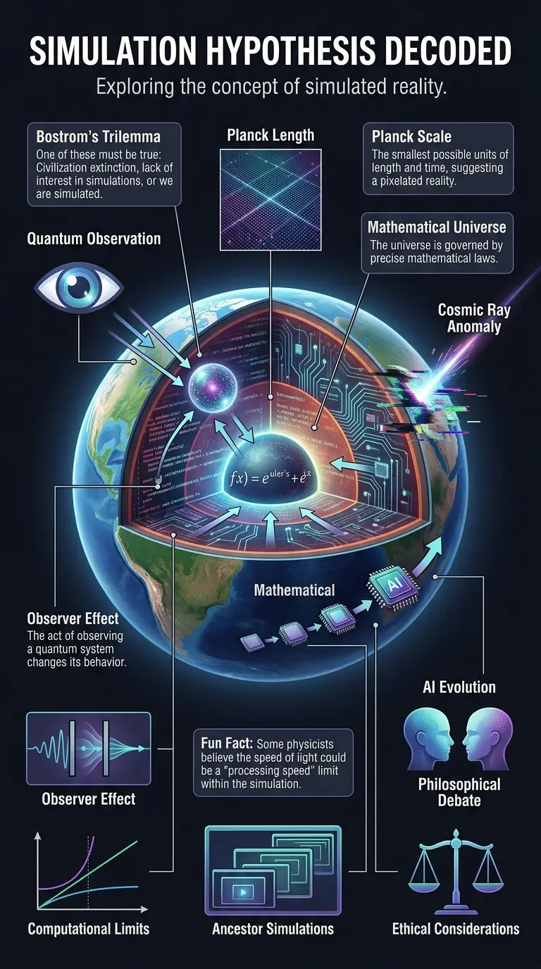 Infographic explaining the simulation hypothesis, exploring philosophical and scientific arguments for whether our reality could be a computer simulation.