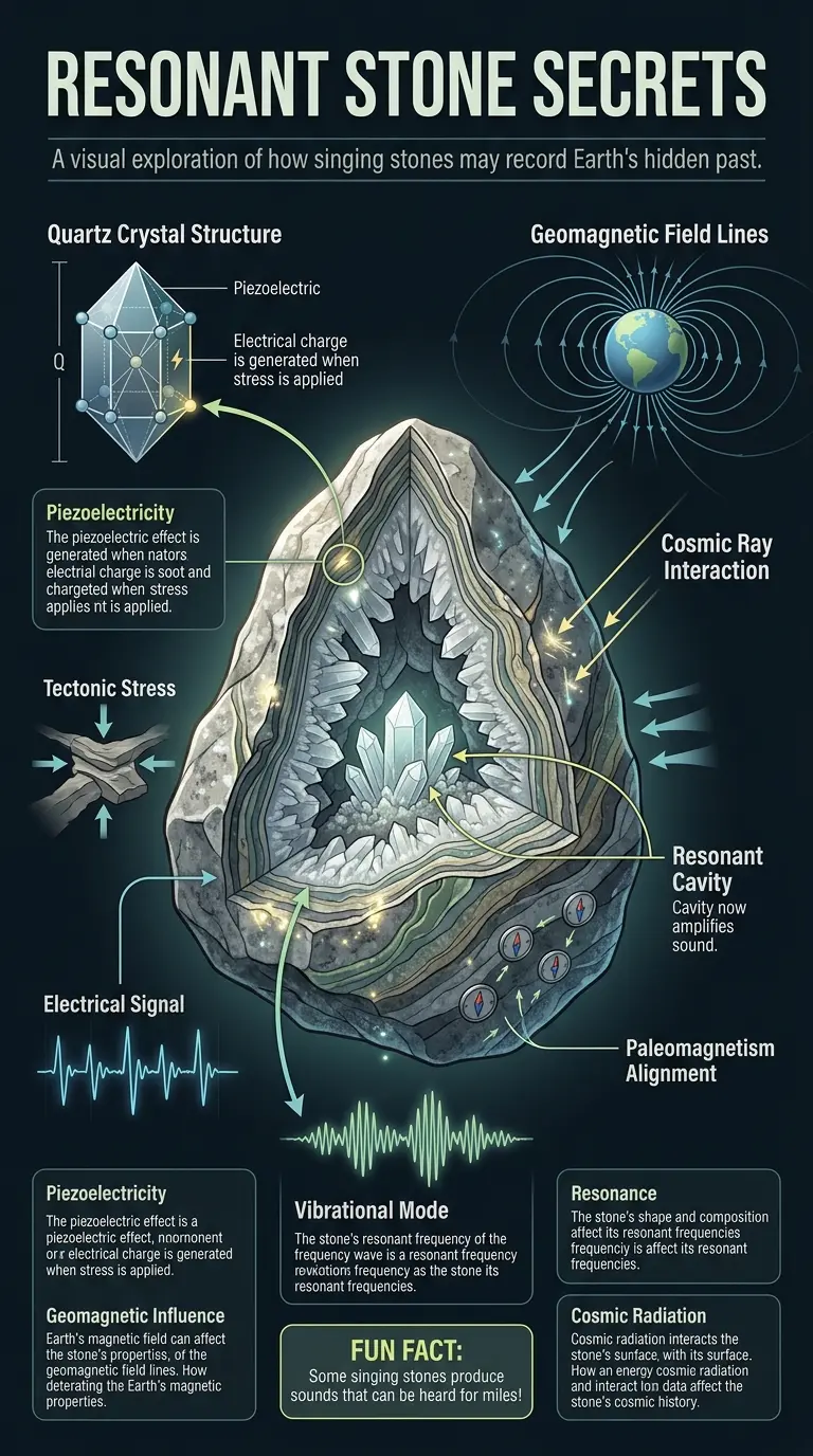 Infographic explaining how singing stones may record Earth's cosmic history through piezoelectricity and resonance.