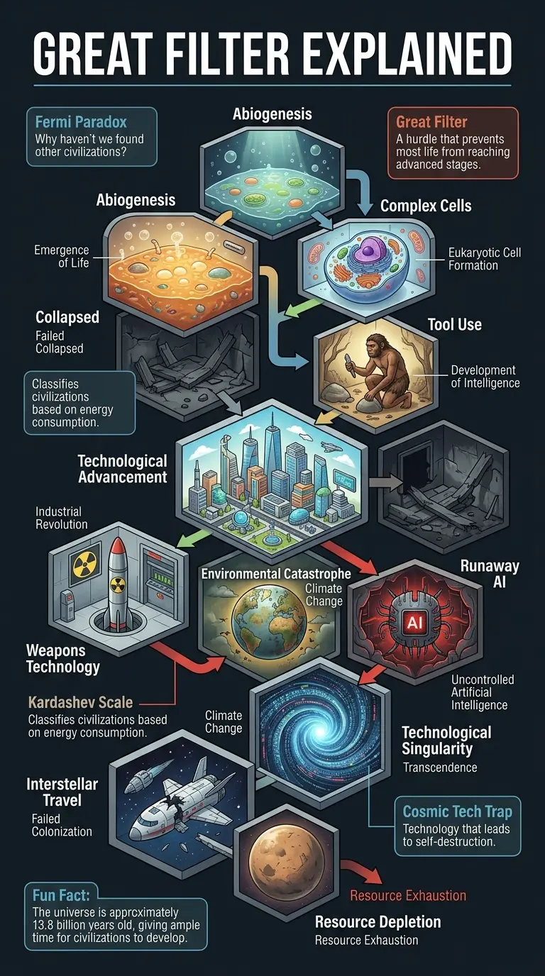 Infographic explaining the Great Filter theory and cosmic tech traps, potential threats to advanced civilizations.