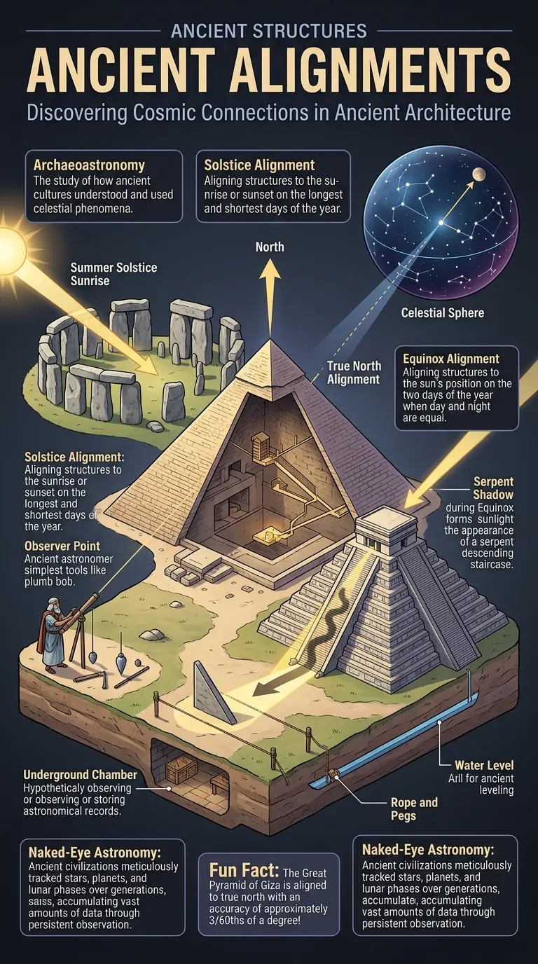 Infographic explaining how ancient structures like Stonehenge, the Pyramids of Giza, and Chichen Itza were aligned to celestial events, highlighting archaeoastronomy.