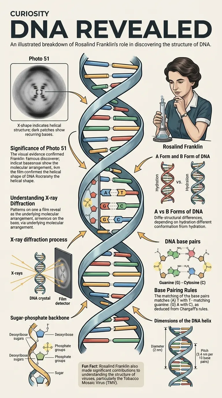 Infographic detailing Rosalind Franklin's contribution to the discovery of DNA's double helix structure, highlighting Photo 51 and her other research.