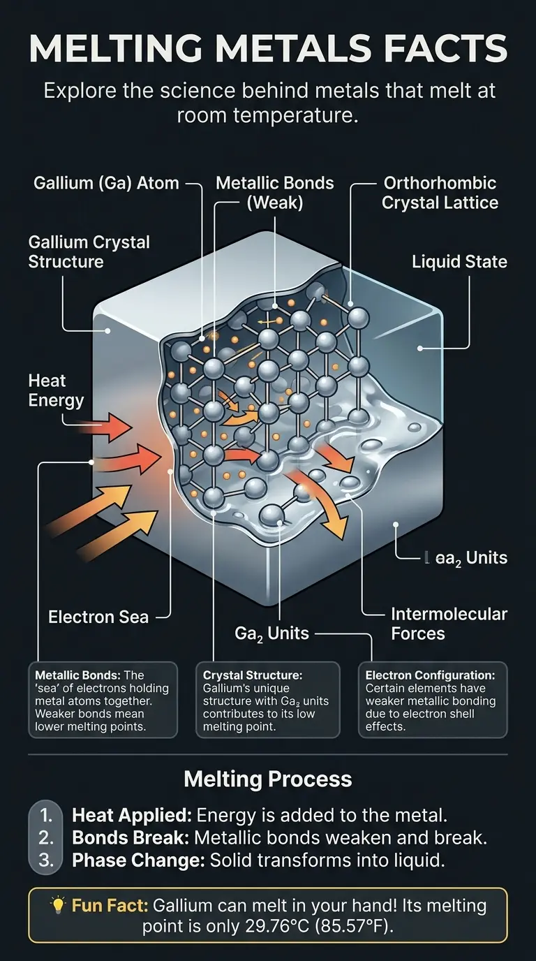 Infographic explaining why some metals melt at room temperature, detailing atomic structure, examples like Gallium and Mercury, and applications in flexible electronics and soft robotics.