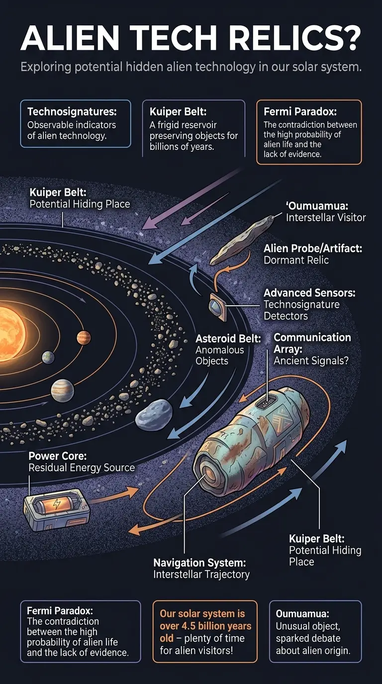 Infographic exploring the possibility of hidden alien technology within our solar system, including potential locations like the Kuiper Belt and methods for detection.