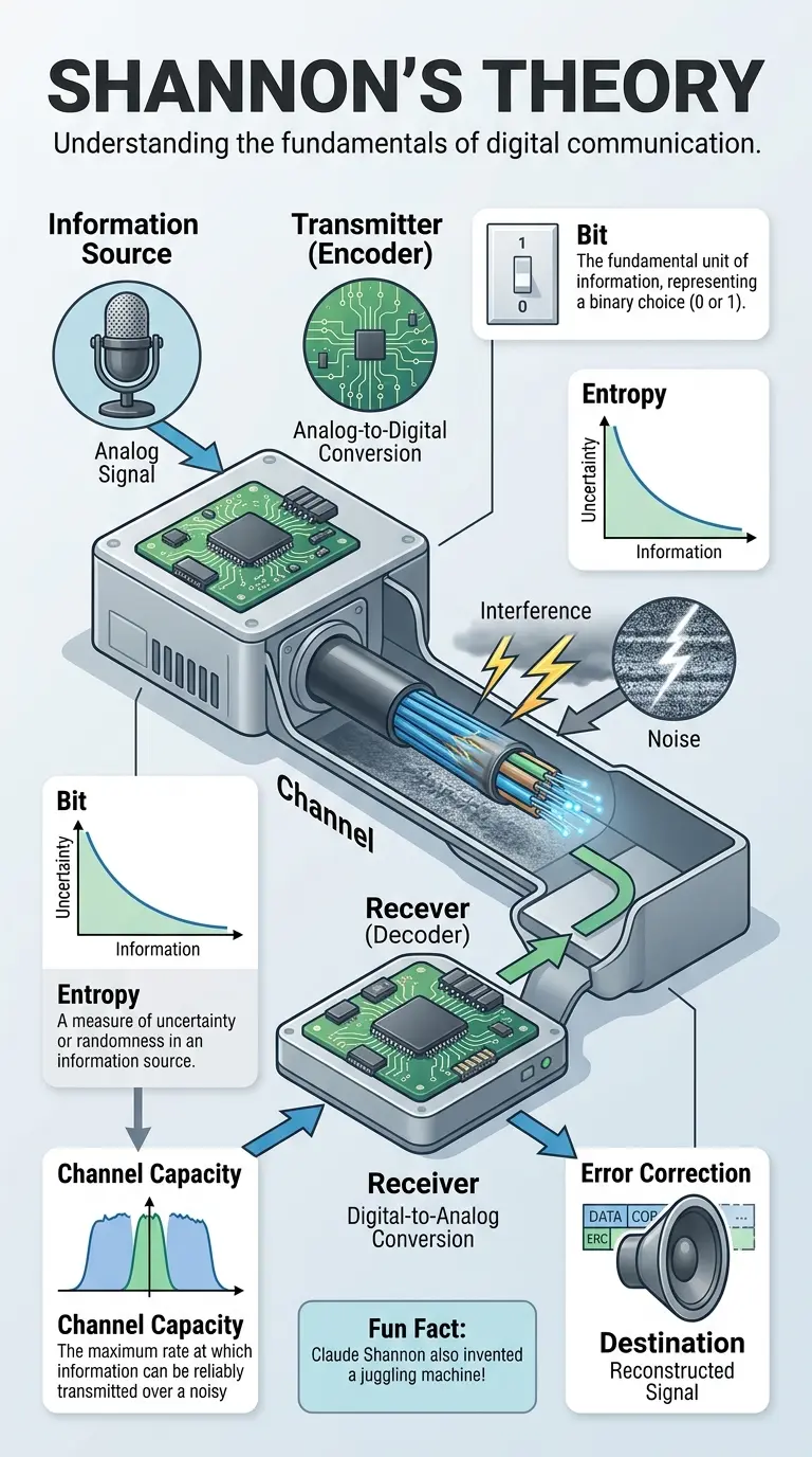 Infographic explaining Claude Shannon's Information Theory, including bits, entropy, channel capacity, and error correction.