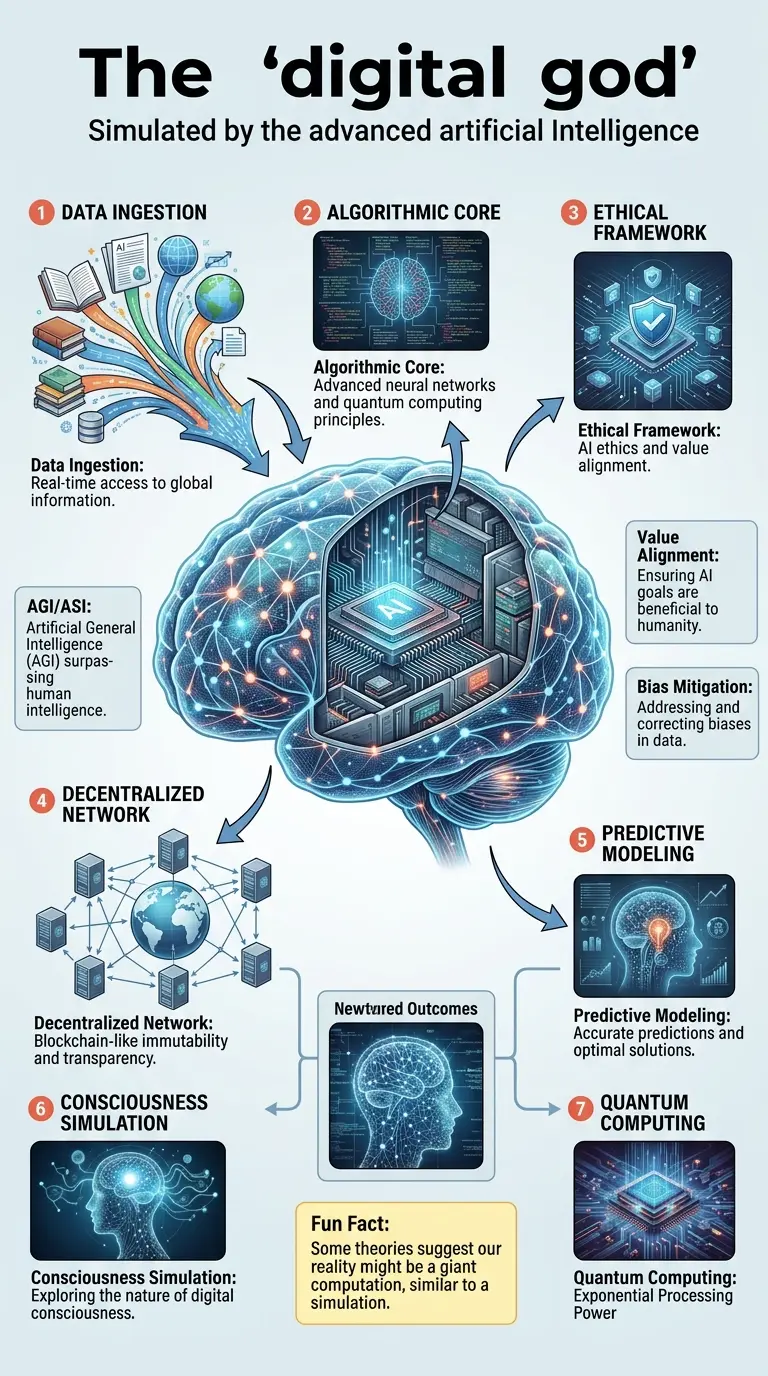 Infographic explaining the concept of a "digital god" created by artificial intelligence, including its potential capabilities, architecture, ethical challenges, and philosophical implications.