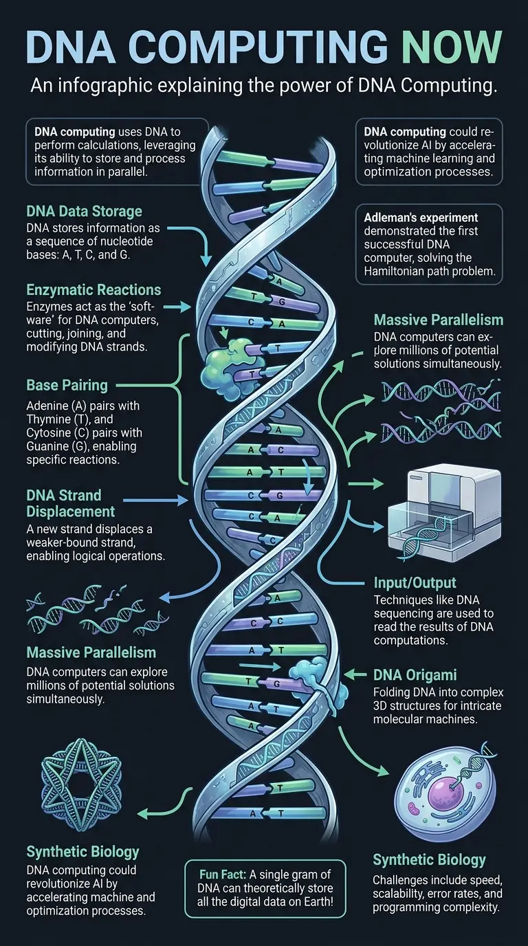 Detailed infographic explaining DNA computing, its components, processes, and potential applications in AI.