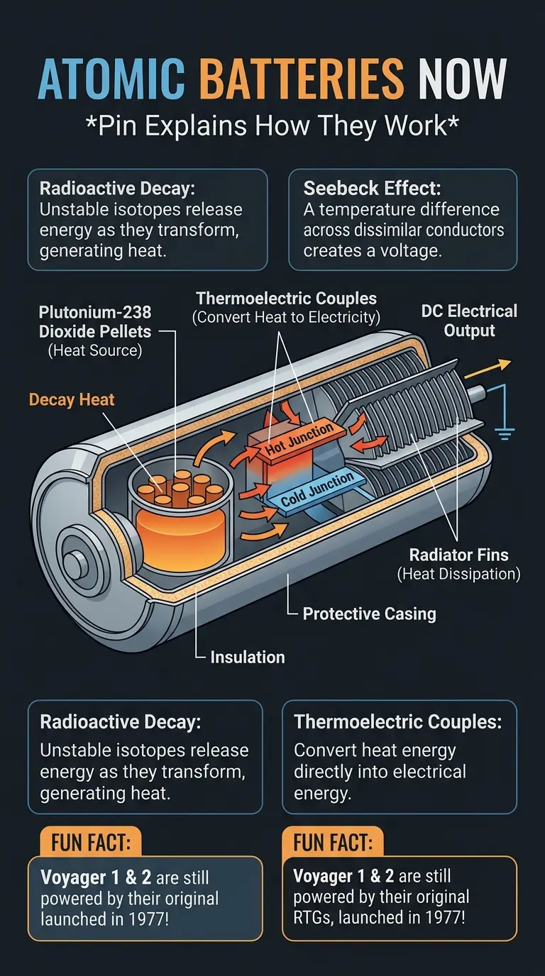 Detailed infographic explaining how atomic batteries work, their applications in space exploration and remote environments, and the challenges and future potential of this long-lasting power source.