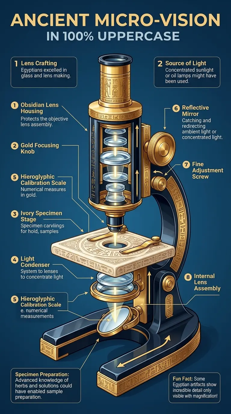 Detailed infographic explaining theories about ancient Egyptians potentially possessing advanced microscopic technology, showcasing a cutaway view of an ancient Egyptian microscope and its components.