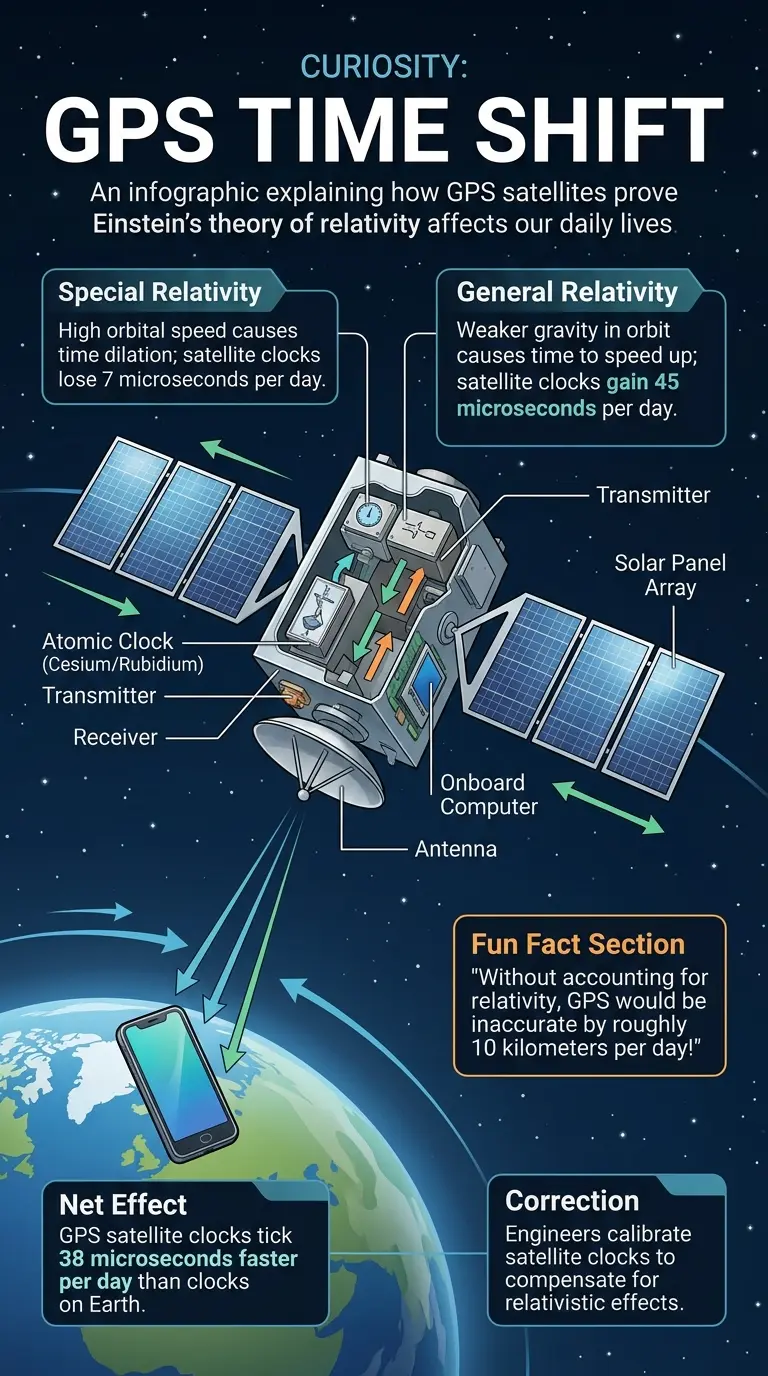 Infographic explaining how GPS technology proves Einstein's theory of relativity and makes us daily time travelers.