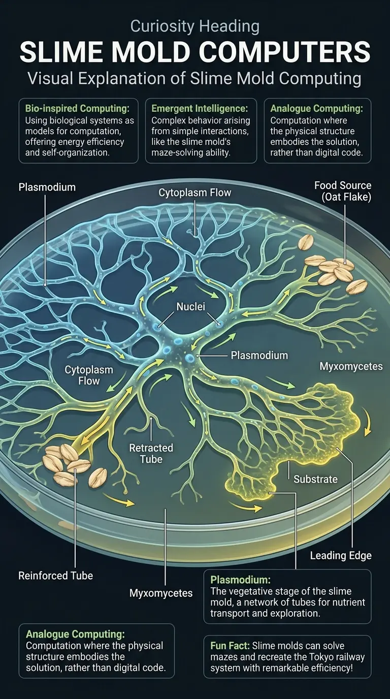 Infographic explaining how slime molds can be used as bio-computers, detailing their structure, function, and potential applications in unconventional computing.