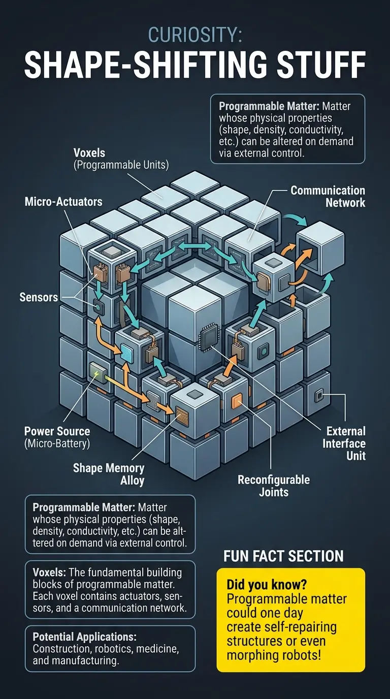 Detailed infographic explaining programmable matter, its components, potential uses, and future implications.