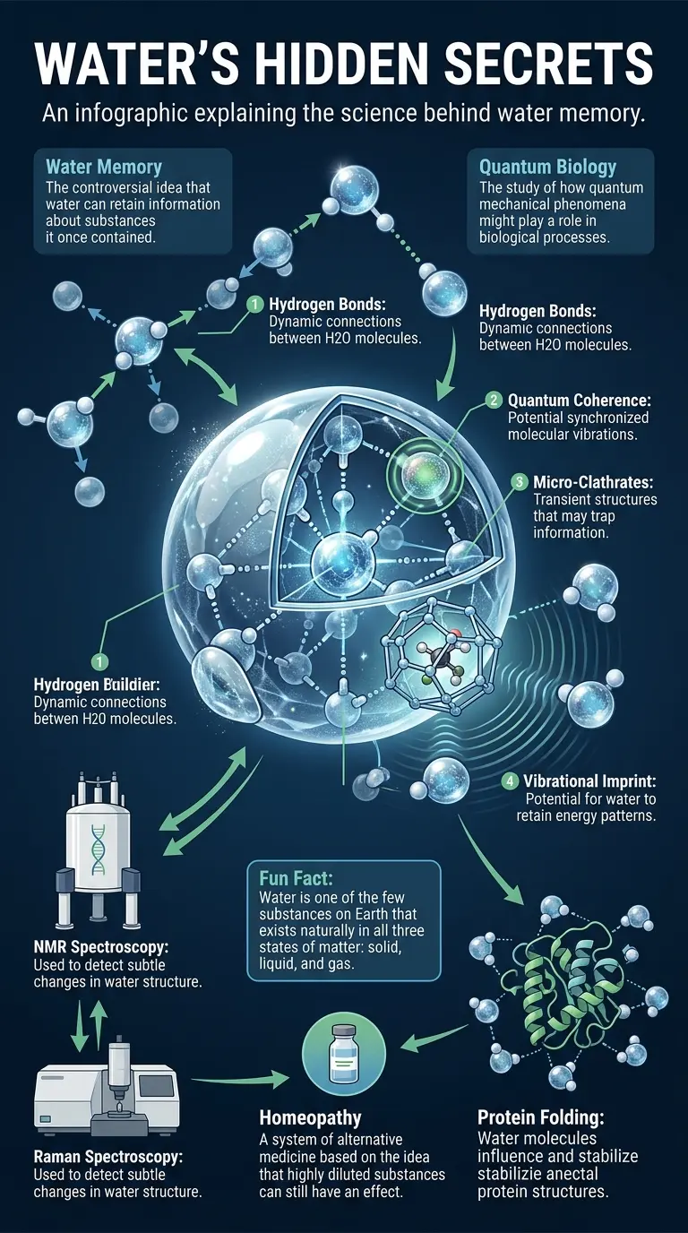 Infographic explaining the concept of water memory, exploring quantum properties and scientific controversies surrounding water's ability to retain information.