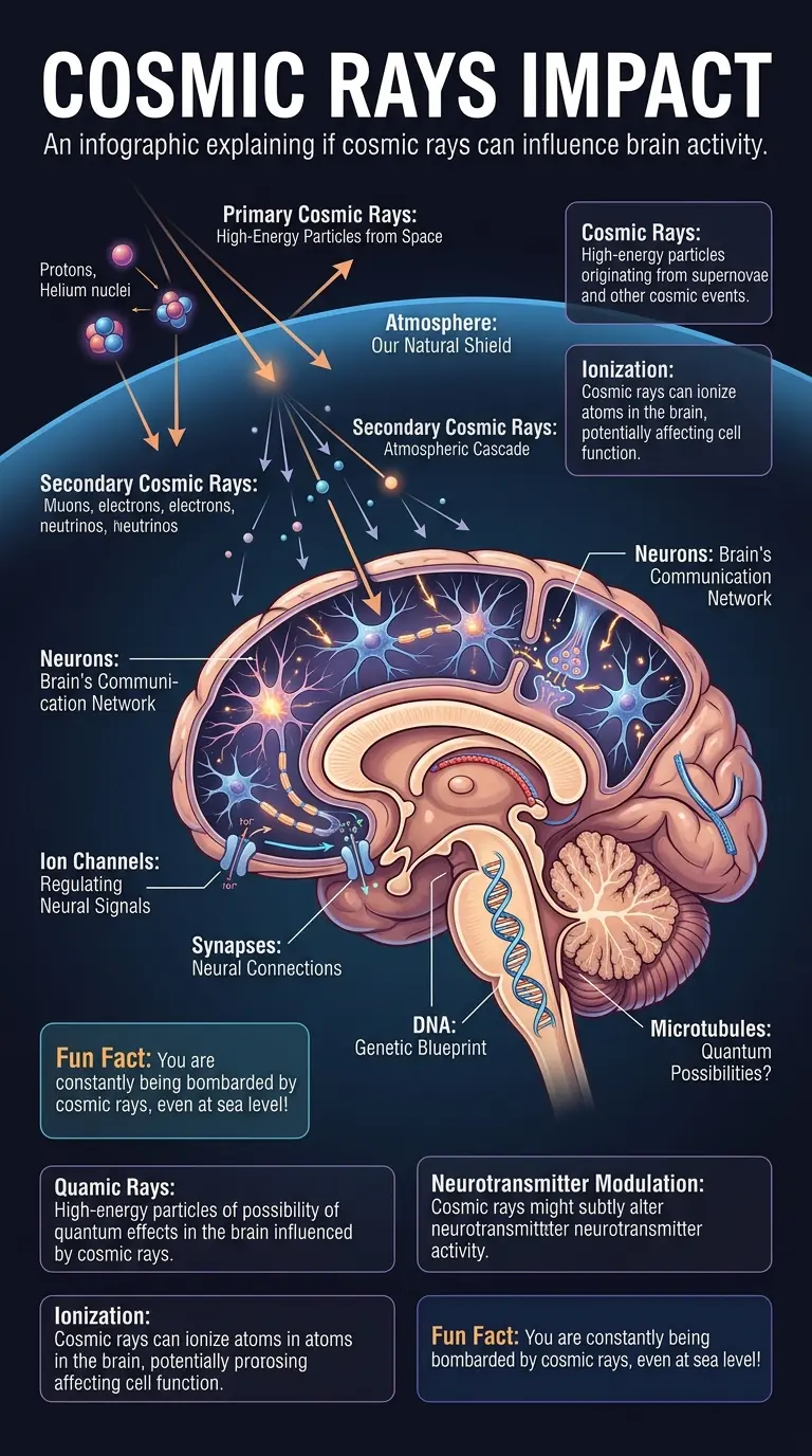 Infographic explaining the potential influence of cosmic rays on human brain activity, including types of cosmic rays, potential mechanisms of interaction, and research implications.