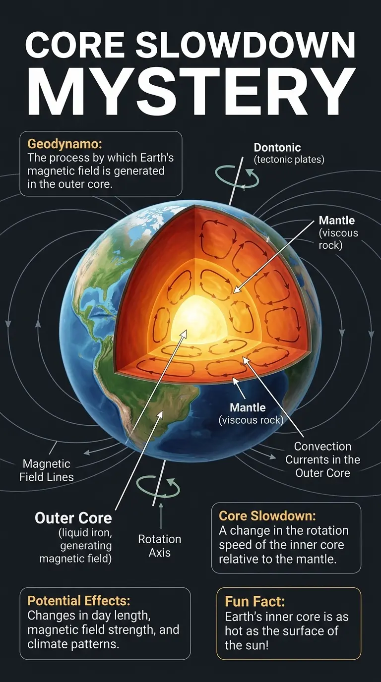Infographic explaining Earth's core slowdown and its potential effects, including a cutaway illustration of Earth's layers and labeled components.