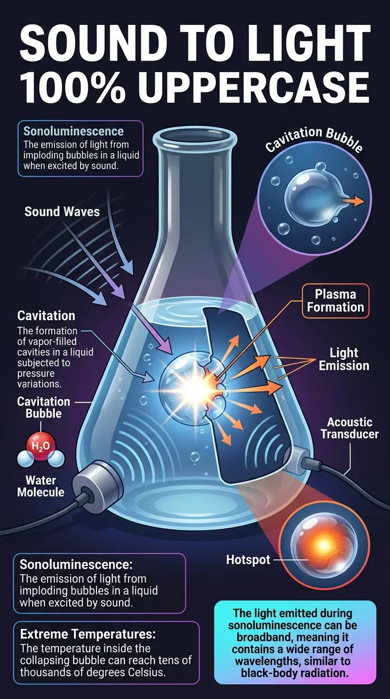 Detailed infographic explaining the science of sonoluminescence, the phenomenon of sound creating light, perfect for science enthusiasts and educational purposes.